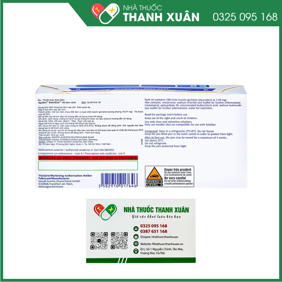 Bút tiêm Apidra SoloStar 100IU/ml trị đái tháo đường (5 cây x 3ml)